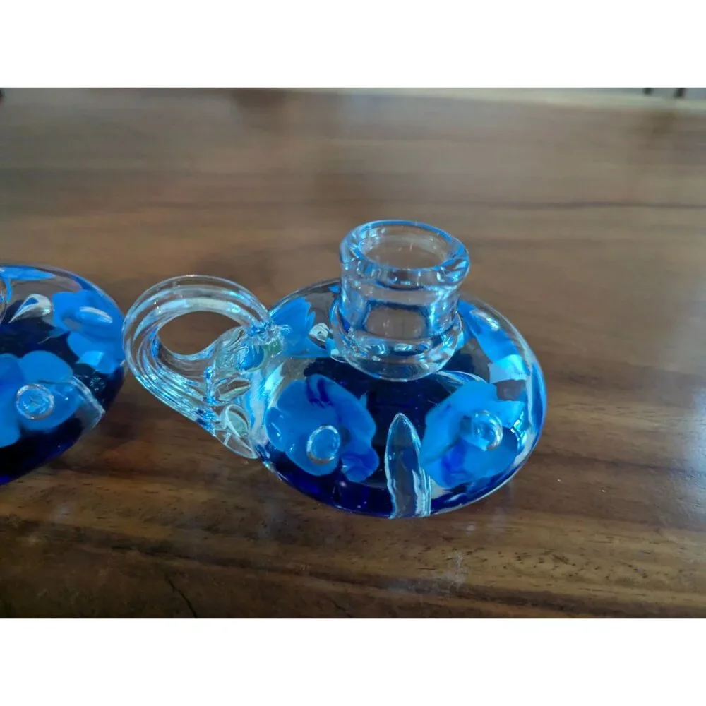 Vintage Set of 2  Joe St. Clair Glass Candle Holders cobalt blue Flowers